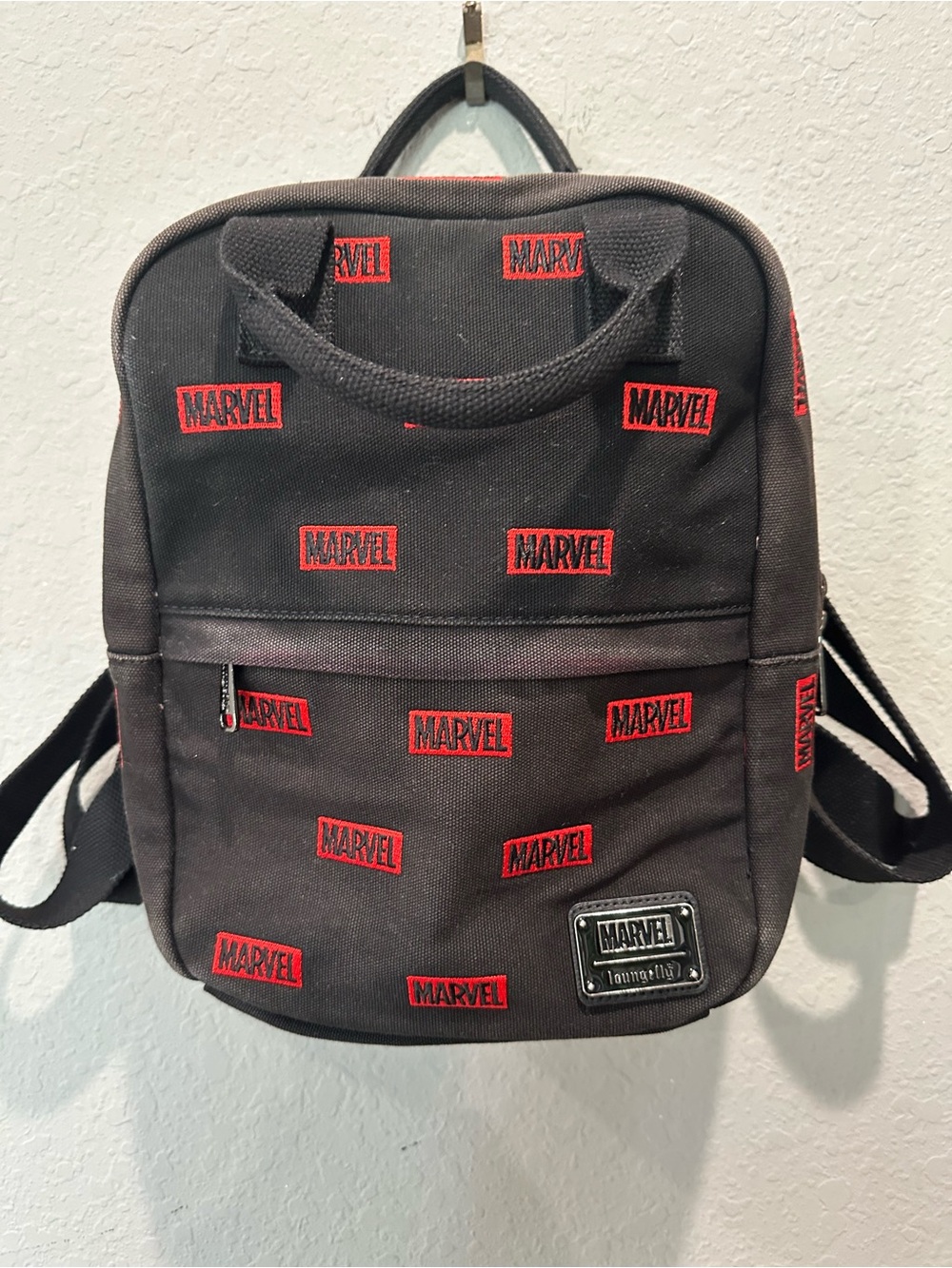 Marvel Loungefly Canvas Backpack Black With Red Embroidered Marvel Logo